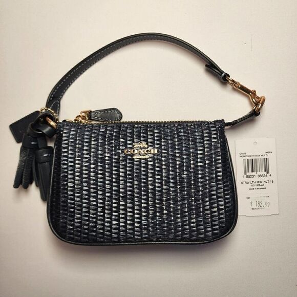 NWT Coach CH215 Straw Leather Mix Nolita 15 Wristlet Midnight Navy - Picture 1 of 3